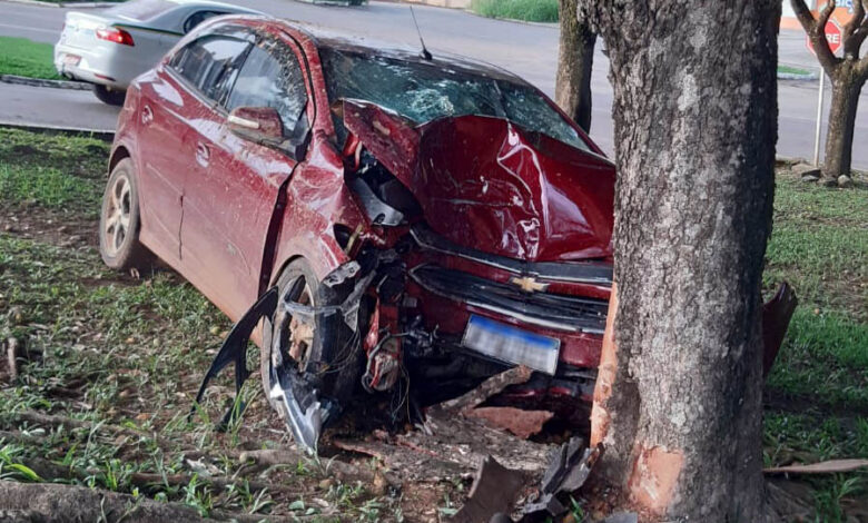 Onix fica destruído após motorista perder o controle e bater em árvore